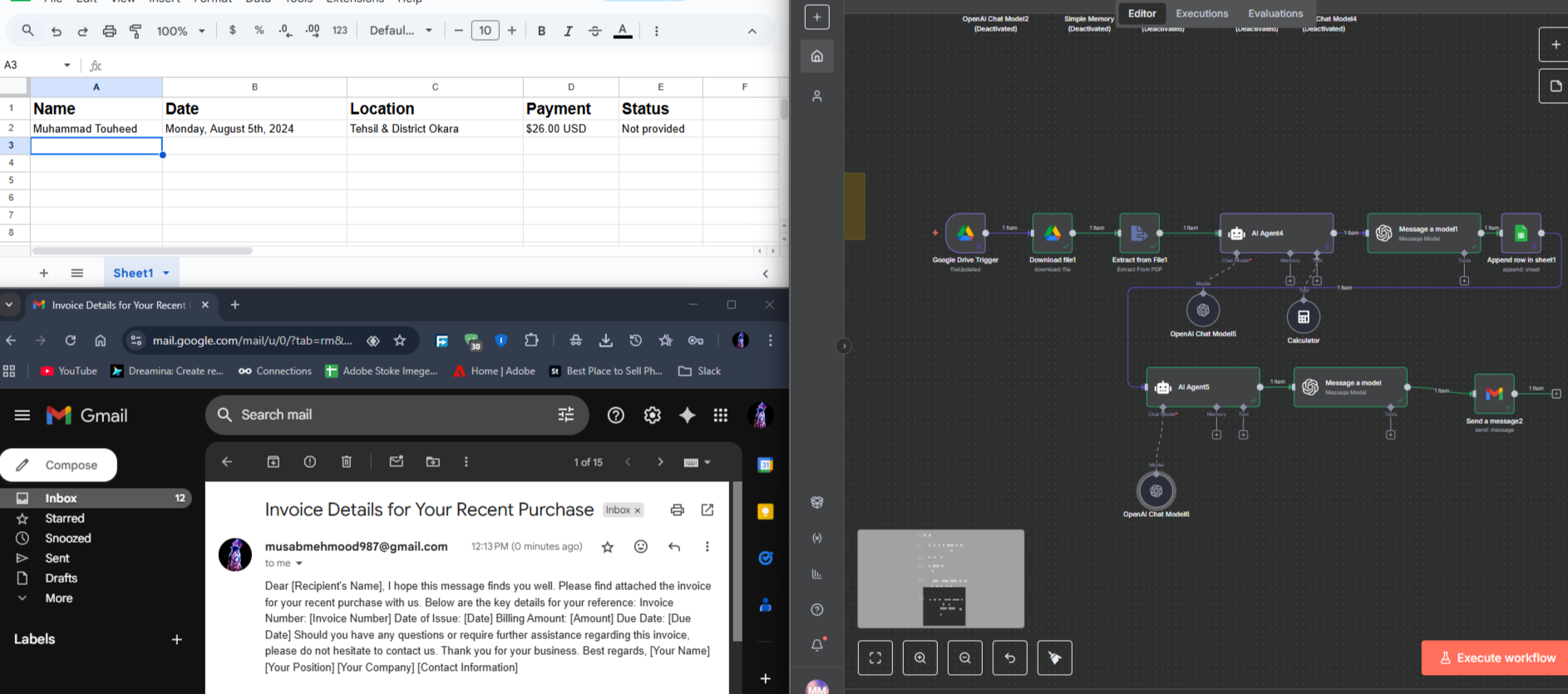 Invoice Parser Agent  This agent checks Google Drive for any new or updated invoices. It automatically extracts important  details (like date, amount, vendor, etc.), saves them into Google Sheets, and then sends an email  notification with the details.