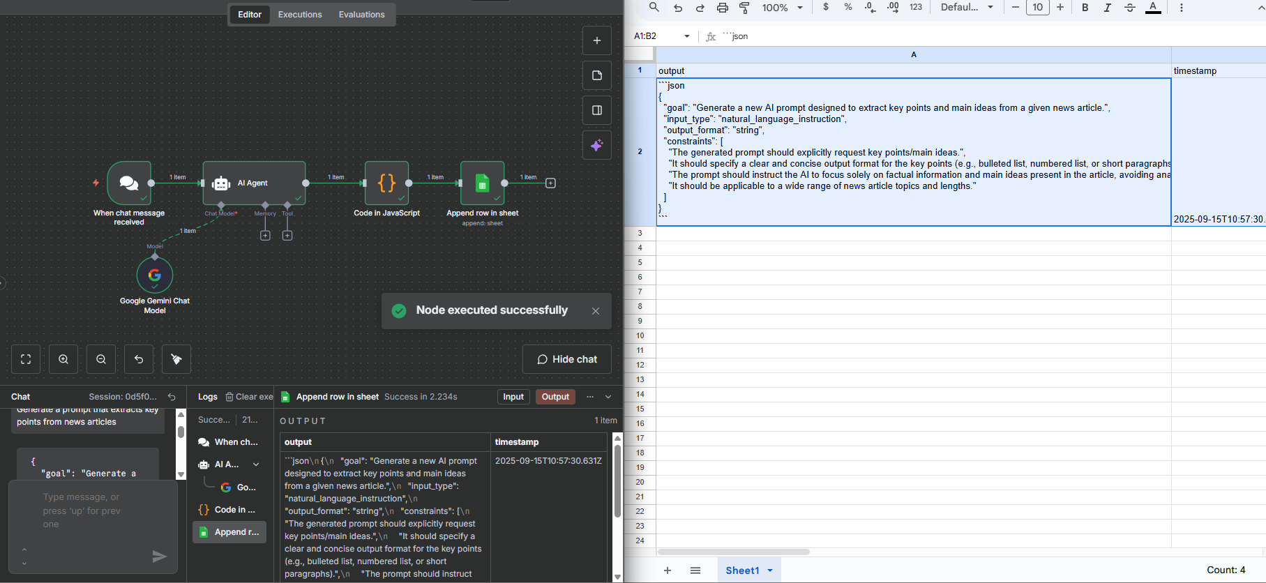 Build an advanced n8n AI Agent that takes natural language input, generates structured JSON  prompts, and automatically saves those JSON outputs into a connected Google Sheet for easy access  and reuse.